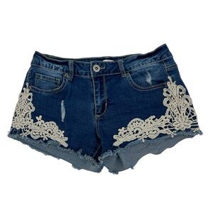 VTG Bongo Retro Y2K Blue Denim Distressed embroidered Cut Off Shorts 11 Rare